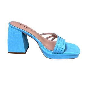 Simmi London Kellie-3 Blue Croc Embossed Block Heel Mule Sandals Womens Size 7